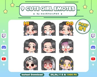 Op de afbeelding: Negen geanimeerde emotes met een schattig meisje met verschillende uitdrukkingen. De emotes omvatten "Hoi", "GG", "Deel #1", "Denken", "Tong uit", "Verrast", "Laden", "Boos" en "Verrast met sterren".