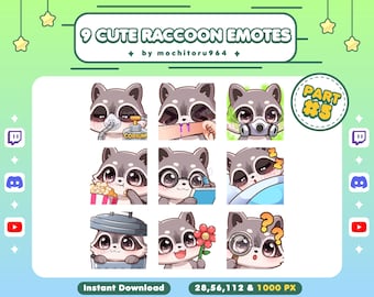 Twitch Emote - Cute Raccoon Emotes | 9 Raccoon Emotes Part 5 | Chibi Raccoon | Animal Emotes | Kawaii Emotes for Twitch, Discord, YouTube