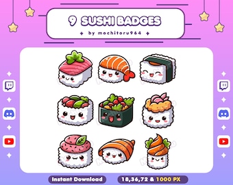 Twitch Badges / Sushi Badges / 9 Badges / Sushi / Kawaii Sushi / Emotes / Cute Sushi/ Chibi Sushi /YouTube Badges / Discord Badges / Badges