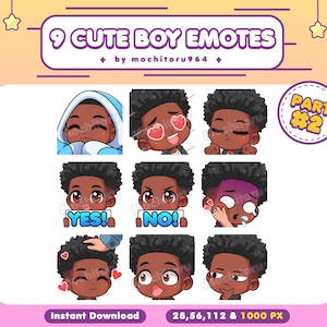 Twitch エモート - かわいい男の子のエモート | 9 つの男の子のエモート パート 2 | 男性のエモート | 黒い肌 | 黒髪 | アフロ | カーリー | Twitch、Discord、YouTube
