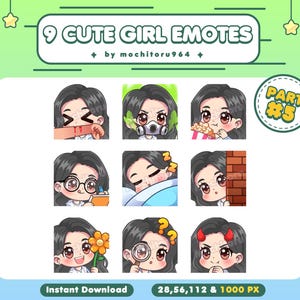 Twitch Emote - Cute Girl Emotes | 9 Girl Emotes Part 5 | Chibi Girl | Long Black Hair | Female | Emotes for Twitch,Discord,YouTube,Kick