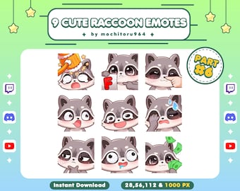 Twitch Emote - Cute Raccoon Emotes | 9 Raccoon Emotes Part 6 | Chibi Raccoon | Animal Emotes | Kawaii Emotes for Twitch, Discord, YouTube