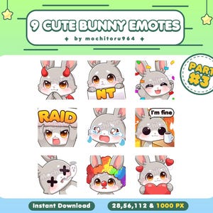 Pode incluir: Nove emojis de coelhinho fofinhos em várias poses e expressões. Os emojis estão em um formato de grade com um fundo verde claro. Os emojis incluem um coelhinho com chifres, um coelhinho segurando uma placa que diz "NT", um coelhinho com confete, um coelhinho com uma placa que diz "RAID", um coelhinho chorando, um coelhinho segurando uma xícara de café, um coelhinho com uma cruz, um coelhinho com um chapéu de palhaço e um coelhinho segurando um coração. O texto "Part #3" está no canto superior direito da imagem. O texto "Download instantâneo" está na parte inferior esquerda da imagem. O texto "28, 56, 112 & 1000 PX" está na parte inferior central da imagem.