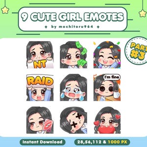 Twitch Emote - Cute Girl Emotes | 9 Girl Emotes Part 3 | Chibi Girl | Long Black Hair | Female | Emotes for Twitch,Discord,YouTube,Kick