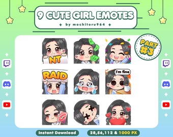 Emote Twitch - Emote ragazza carina / 9 Emote ragazza parte 3 / Ragazza Chibi / Capelli neri lunghi / Femmina / Emote per Twitch, Discord, YouTube, Kick