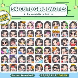 Twitch Emote - Cute Girl Emotes | 54 Girl Mega Pack Emotes | Chibi Girl | Long Black Hair | Female | Emotes for Twitch,Discord,YouTube,Kick