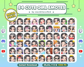 Emote Twitch - Emote ragazza carina / 54 Emote Mega Pack ragazza / Ragazza Chibi / Capelli neri lunghi / Femmina / Emote per Twitch, Discord, YouTube, Kick