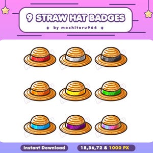 May include: Nine straw hat badges in various colours, including red, white, black, orange, yellow, green, blue, purple, and pink. The badges are designed in a cartoon style and are available in 18, 36, 72, and 1000 pixels.
