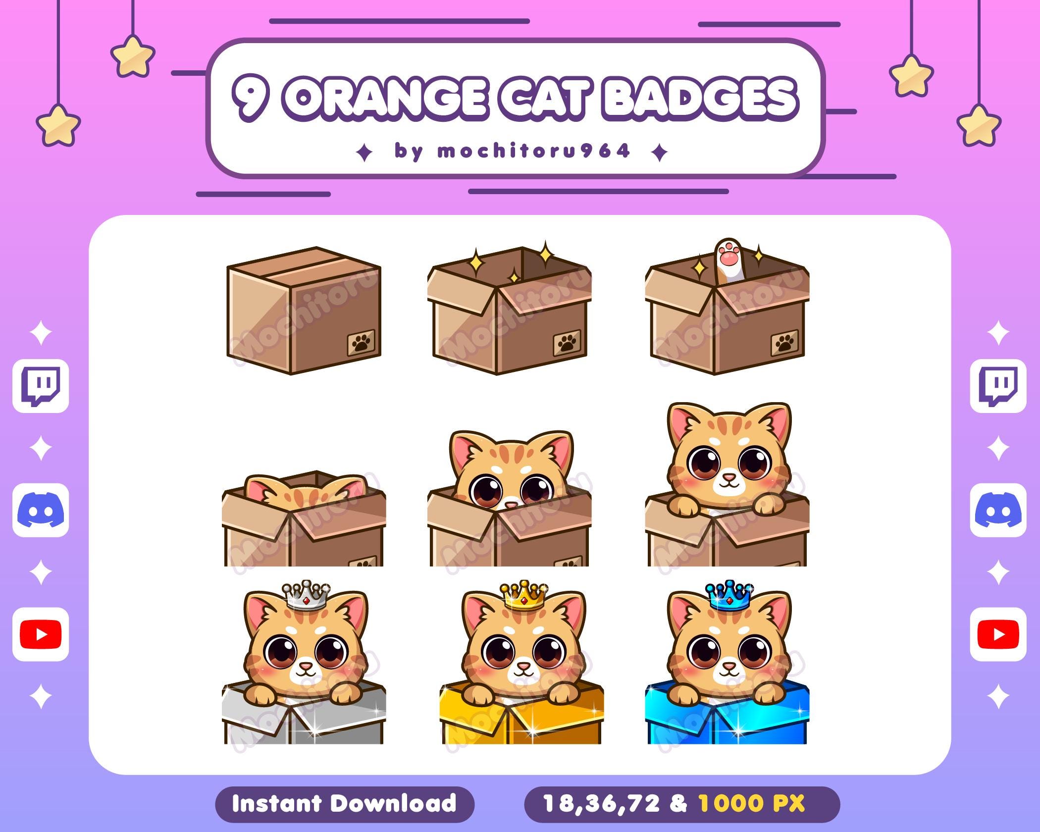 Twitch Badges - Orange Cat Badges / 9 Badges / Animal / Kawaii Cat / Kitty / Cute Cat/ Kitten /YouTube Badges / Discord Badges / Kick Badges