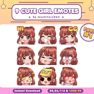 9 Cute Girl Emotes Part 1 / Brown Short Hair / Cute Girl / Brown Hair Girl / Cute emotes / Chibi Girl Emotes / Twitch Emotes / Female Emotes