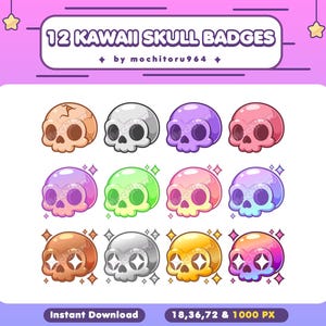May include: Twelve kawaii skull badges in various colours, including brown, grey, purple, and pink. The badges have sparkling accents and are set against a purple and pink background. Text reads "12 KAWAI SKULL BADGES" and "Instant Download".