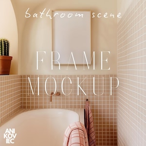 A1-A4 Frame Mockup Bathroom Scene Thin Wood Frame PSD One Vertical Frame Interior Mockup DIN A Ratio
