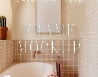 A1-A4 Frame Mockup Bathroom Scene Thin Wood Frame PSD One Vertical Frame Interior Mockup DIN A Ratio
