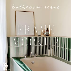 A1-A4 Frame Mockup Bathroom Scene Thin Wood Frame PSD One Vertical Frame Interior Mockup DIN A Ratio