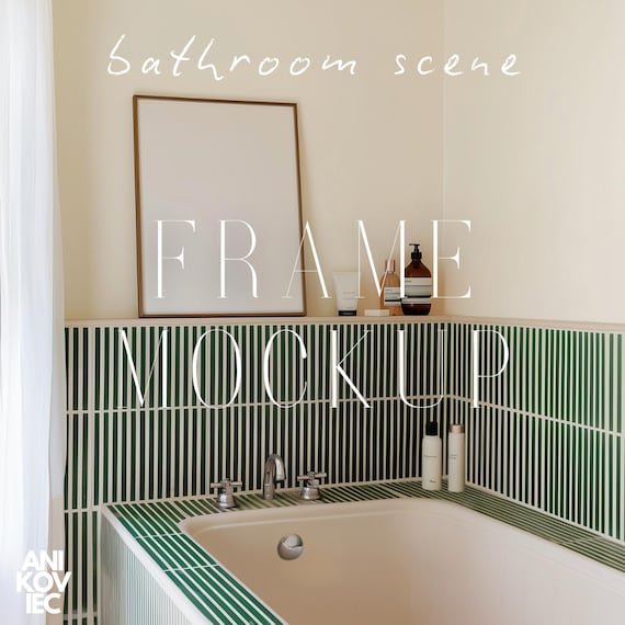 A1-A4 Frame Mockup Bathroom Scene Thin Wood Frame PSD One Vertical Frame Interior Mockup DIN A Ratio
