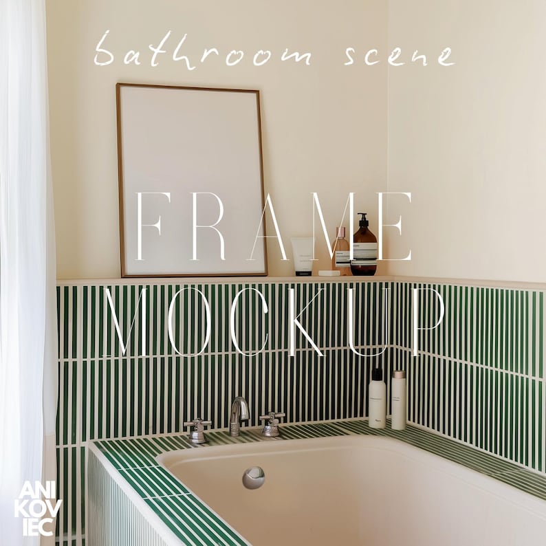 May include: A white frame mockup in a bathroom setting. The frame is on a shelf above a white bathtub with green tile. The text "FRAME MOCKUP" is written in white on the tile.