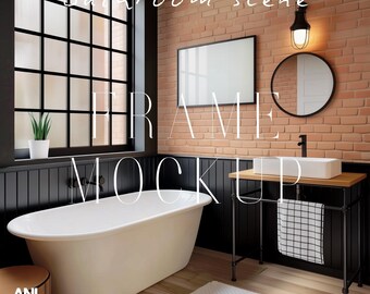 A1-A4 Frame Mockup Industrial Bathroom Scene Black Frame PSD One Horizontal Frame Interior Mockup DIN A Ratio