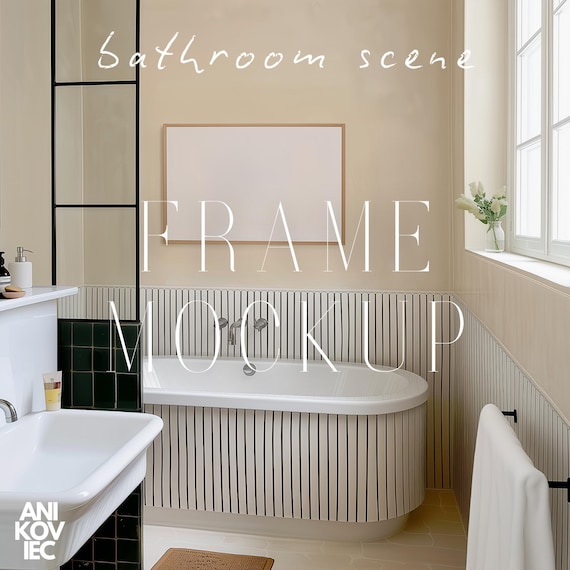 3x2 Frame Mockup Boho Bathroom Scene PSD One Horizontal Frame Interior Mockup Ratio 3:2