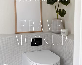 A1-A4 Frame Mockup Bathroom Scene Thin Wood Frame PSD One Vertical Frame Interior Mockup DIN A Ratio