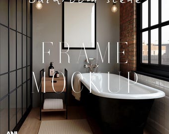 2x3 Frame Mockup Industrial Bathroom Scene Black Frame PSD One Vertical Frame Interior Mockup Ratio 2:3