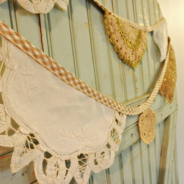 Romantic Vintage Doily Bunting - Garland - 12 Feet of Spring Lace Flags Organic Gingham