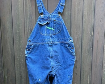 Key Imperial blue denim overalls. Patched, mended.  Size 2XL. Tag 46 x 32.