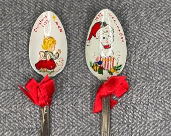 CLEARANCE Vintage 1972 hand painted spoons. Dad + Christmas kitten.