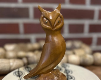 Midcentury Hand Carved Wooden Owl Figurine Statue.