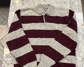 Vintage 80s Victoria Dry Goods Wool Blend Henley Striped Sweater.  Maroon + Oatmeal Heather.  Med.