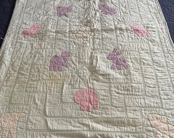 Vintage Primitive Distressed Hand Stitched Small Baby Quilt. Mint Green with Animals. 32 x 47.