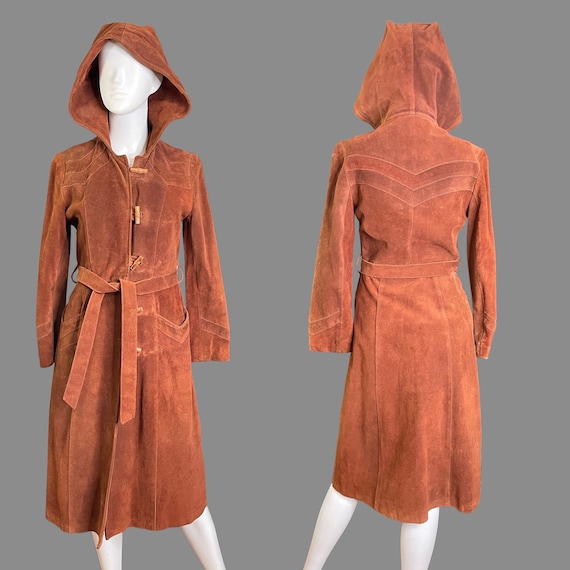 RARE 1970s hooded burnt orange suede coat with ch… - image 1