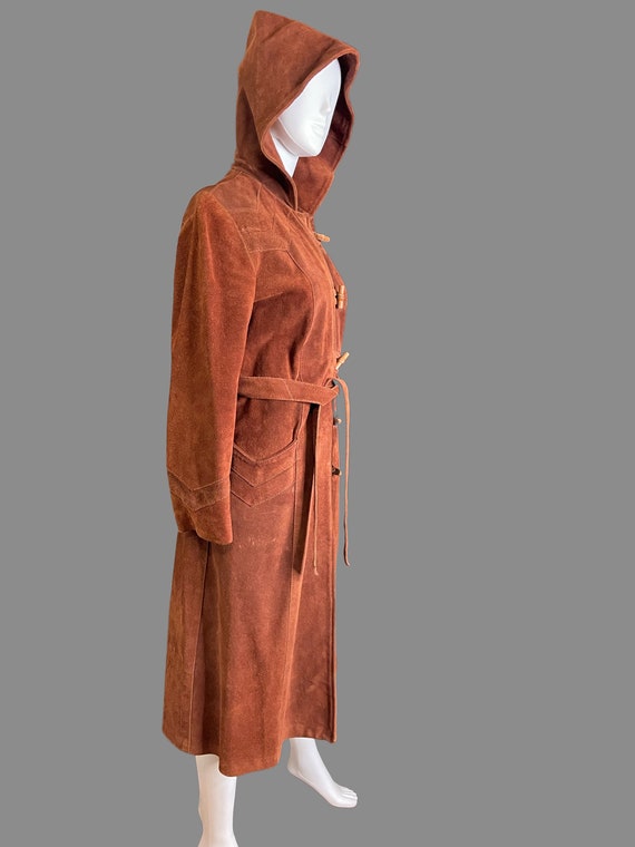 RARE 1970s hooded burnt orange suede coat with ch… - image 2