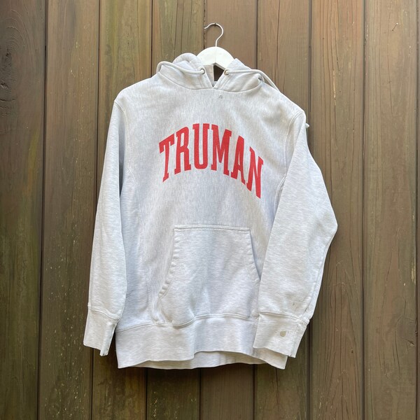 Vintage 1990s Truman State reverse weave heather gray hoodie.  Size S/M