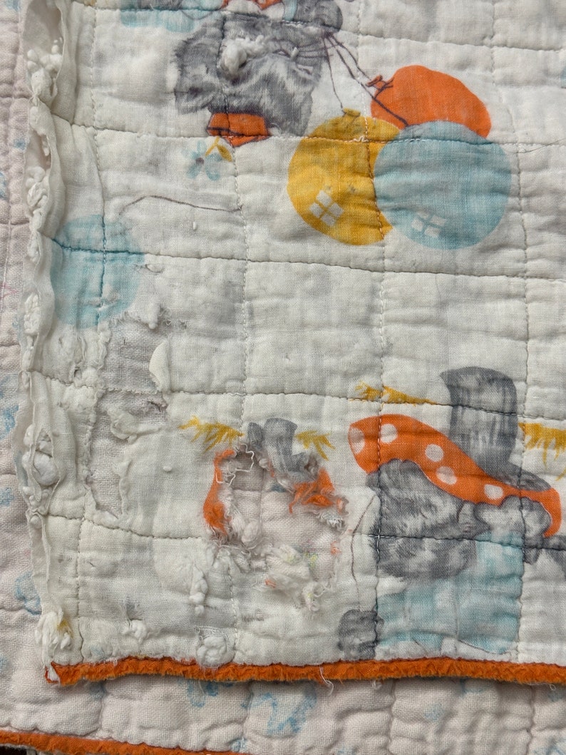 Tattered Vintage Children's Hand Stitched Quilt Cutter Pieces with Kittens 16 x 22. image 4