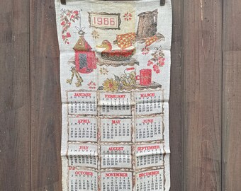 VINTAGE Linen Calendar Tea Dish Towel 1965. Hunting Cabin Ducks.