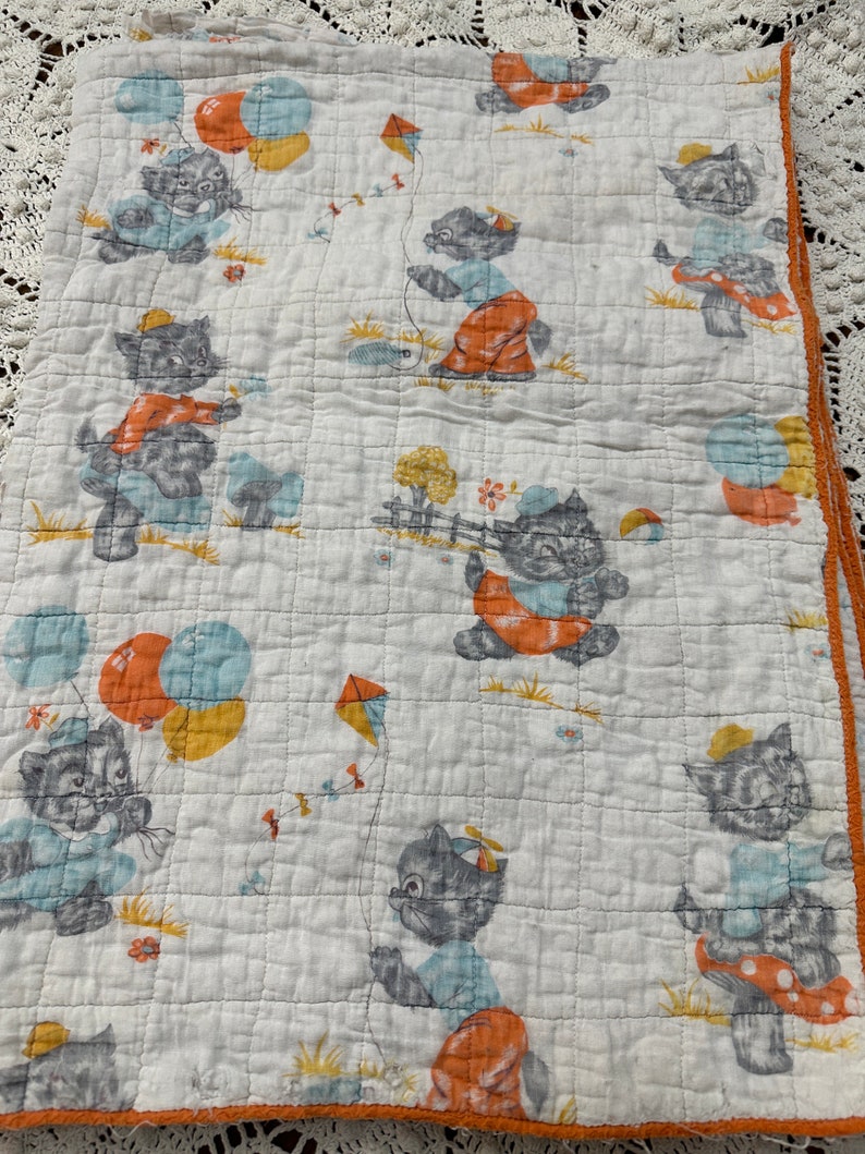 Tattered Vintage Children's Hand Stitched Quilt Cutter Pieces with Kittens 16 x 22. image 2