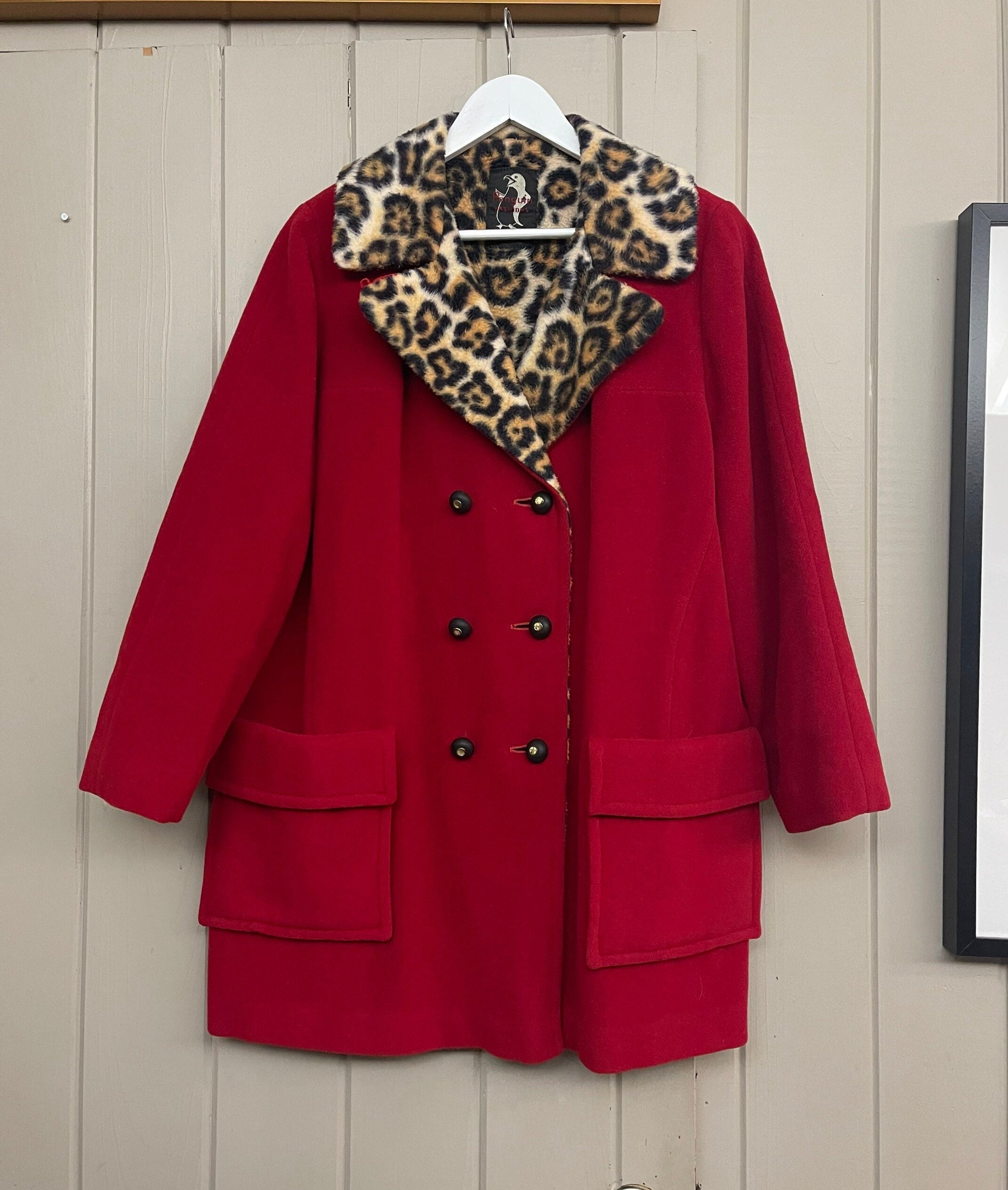 Vintage PENGUIN FASHIONS 60s 70s Red Wool Coat With Leopard Print