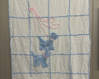 Vintage Chenille Piece with Blue Dogs. 38 x 63.