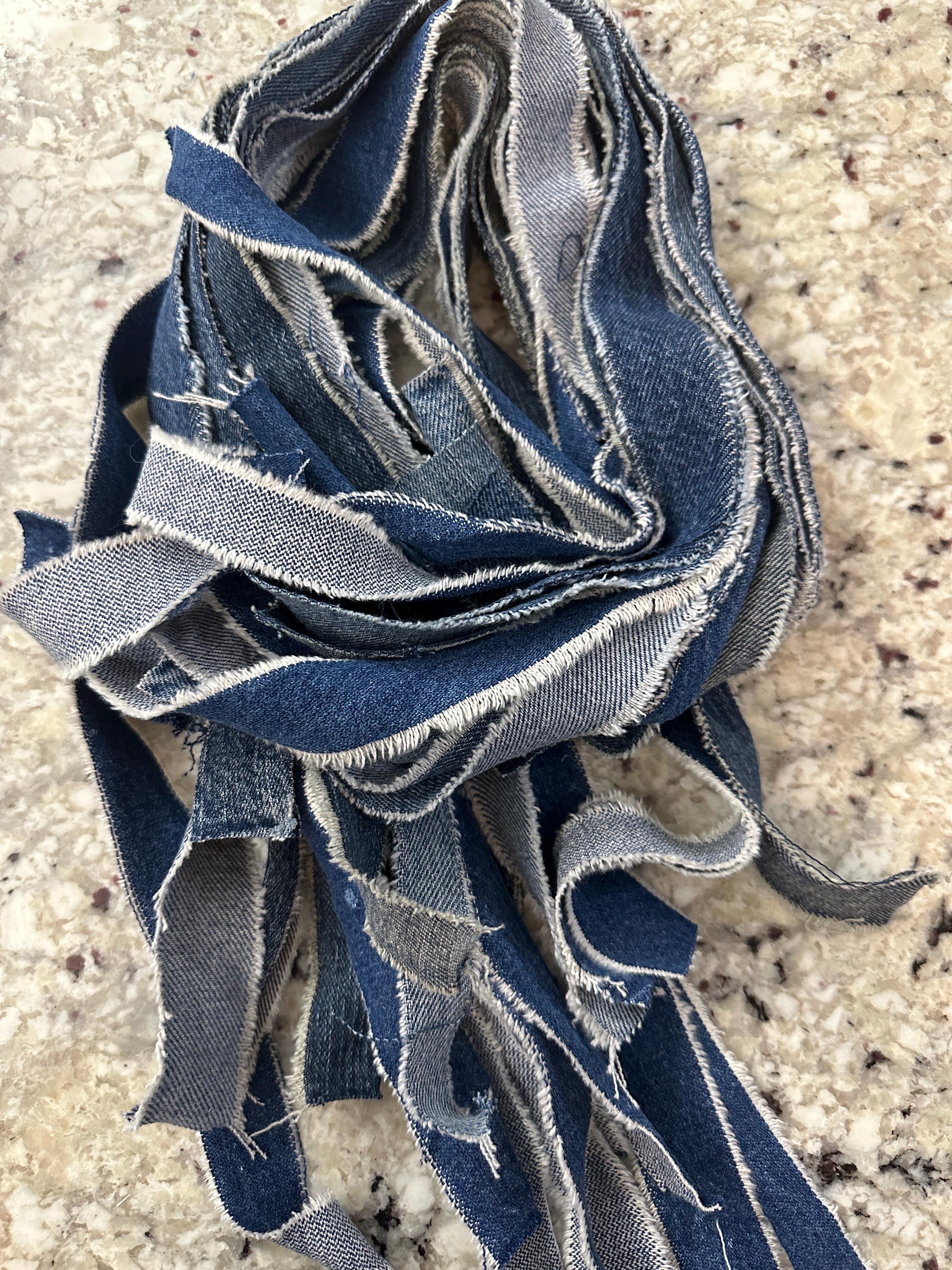20 yds 1" Denim Blue Jean Fabric Long Ribbon Pieces. 1-1 1/4 inch Medium Weight 100% Cotton Denim.