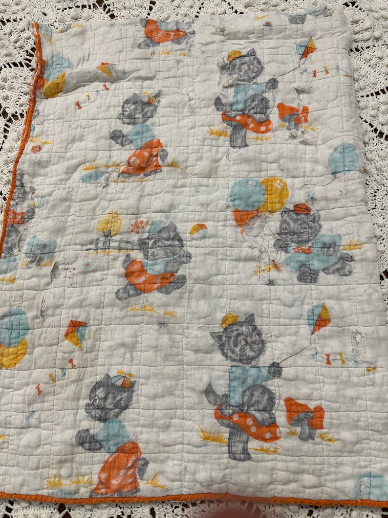 Tattered Vintage Children's Hand Stitched Quilt Cutter Pieces with Kittens 16 x 22. image 5