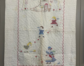Vintage Primitive Distressed Hand Stitched Small Baby Quilt. Cross stitch.  37 x 51.
