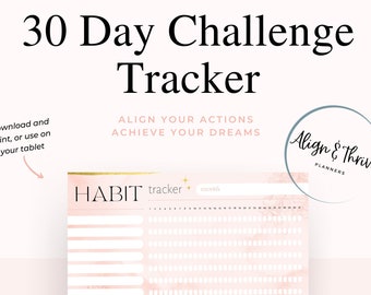 May include: A pink and gold 30-day habit tracker printable with the text "Align Your Actions Achieve Your Dreams" and "Habit Tracker + Month".
