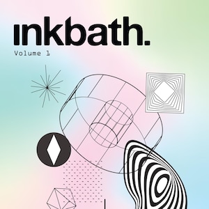 Puede incluir: Portada de "inkbath." Volumen 1, con formas geométricas y el texto "encrypted art, focus poems, mindful activities." El fondo tiene un degradado pastel de rosa, azul y verde.