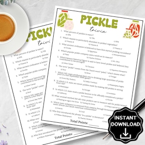 May include: Two printable "Pickle Trivia" game sheets with a cup of coffee and a pen. The sheets have a green and yellow design with pickle illustrations and trivia questions. The sheets are labeled "Pickle Trivia" and are available for instant download.