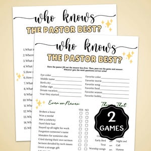 May include: Two printable game sheets titled "Who Knows The Pastor Best?" with fill-in-the-blank questions and "Even or Never" questions. A black badge indicates "2 GAMES".