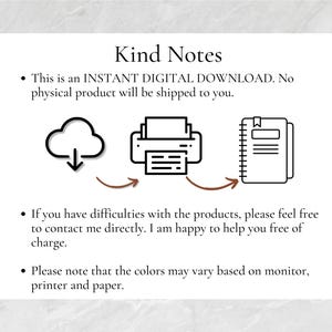 K&ouml;nnte beinhalten: Eine Grafik f&uuml;r einen digitalen Download mit einer Wolke, einem Drucker und einem Notizbuch. Der Text lautet "Kind Notes" und enth&auml;lt Informationen zum digitalen Download und zum Kundensupport.