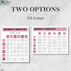 Op de afbeelding: Twee opties voor een tafelgesprekspel van het Vrouwenministerie, gedrukt op US Letter-papier. Het spel bevat roze dobbelstenen en een raster met vragen. De titel "Women's Ministry table talk" wordt weergegeven in een roze banner.