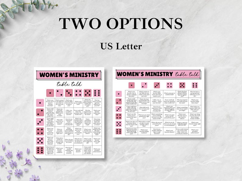 Op de afbeelding: Twee opties voor een tafelgesprekspel van het Vrouwenministerie, gedrukt op US Letter-papier. Het spel bevat roze dobbelstenen en een raster met vragen. De titel "Women's Ministry table talk" wordt weergegeven in een roze banner.