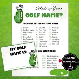 May include: A golf name game, printed on a green background. The game lists golf names based on the first letter of your name and the month of your birth. A small card says "My Golf Name Is:" with a golf bag graphic.