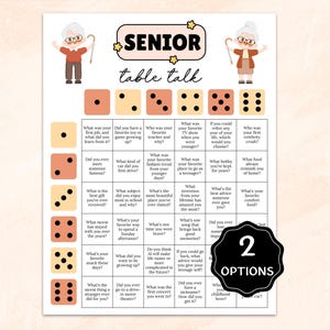 Op de afbeelding: Een printbaar "Senior Table Talk" spel met een beige achtergrond. Het spel bevat dobbelsteenillustraties en gespreksvragen. De bovenkant van het spel heeft de tekst "SENIOR table talk" met illustraties van ouderen. Het spel biedt twee opties.